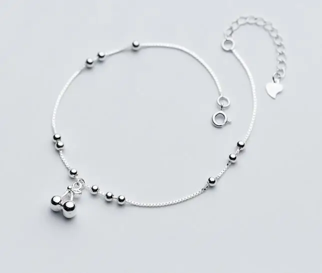 

1pc 100% Real. 925 Sterling Silver Fine Jewelry Round Beads &Silver Cherry Anklet Bracelet GTLS588