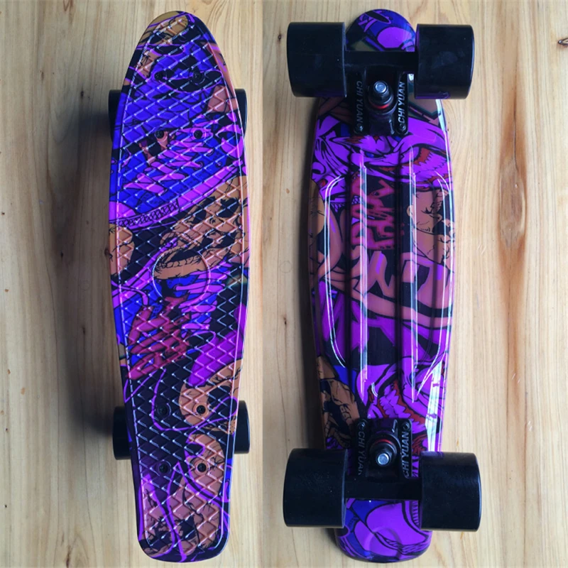 

CHI YUAN Skull Graphic Printed Mini Cruiser Plastic Skateboard 22" X 6" Retro Longboard Skate Long Board
