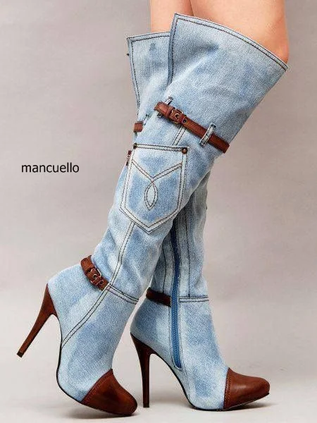 Unique Design Women Denim Matched PU Leather Thin High Heels Keen High Boots Fashion Buckles Decoration Round Toe Zip Boots