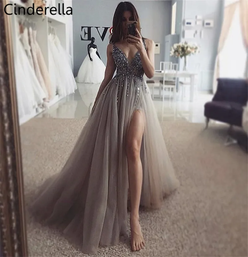 

Cinderella V-Neck Sleeveless A-Line Side Slit Floor Length Crystal Beaded Soft Tulle Evening Dresses vestidos de fiesta de noche