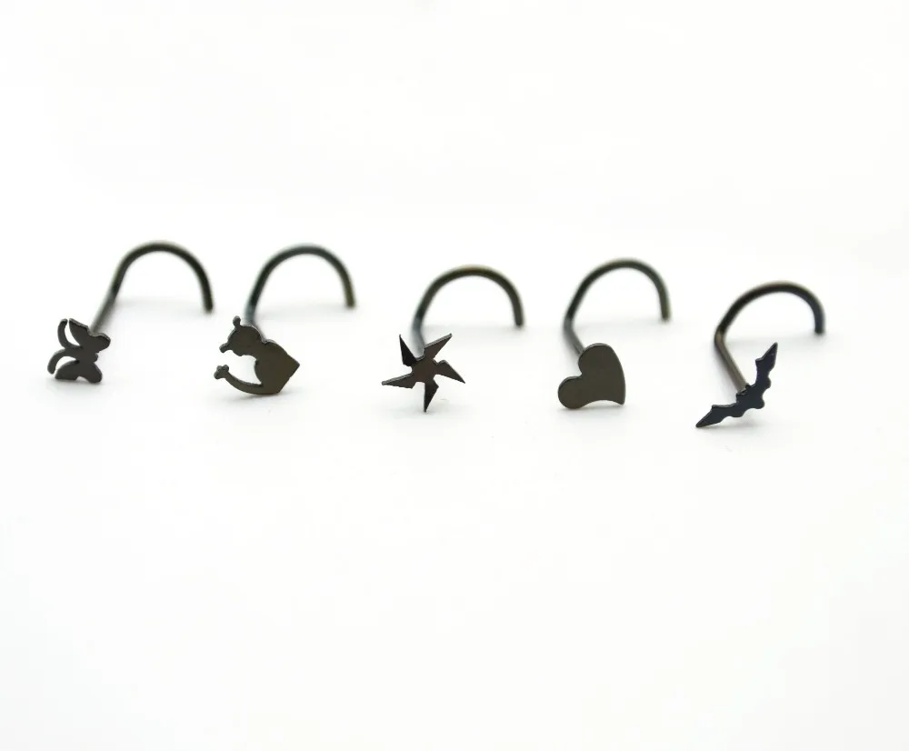 

Black Nose Rings Screw Cute Logos Hook Bone Bar Pin Piercing Jewelry 316L Stainless Steel