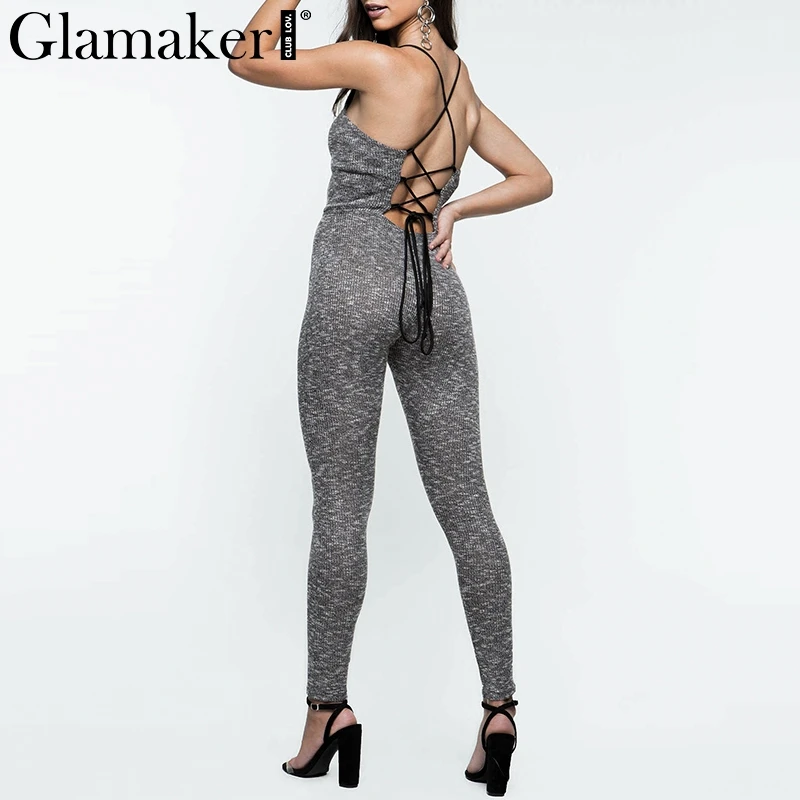 Glamaker Lace up knitted slim sexy women playsuit High waist backless elegant spring jumpsuit Summer casual club romper overall