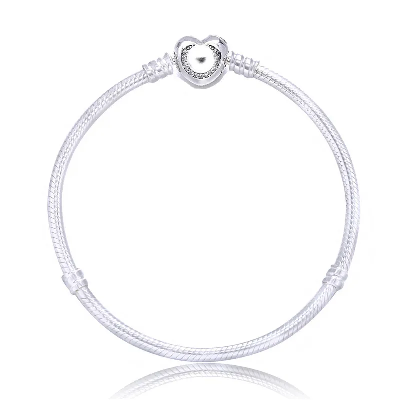 

Women 100% 925 Sterling Silver Bead Charm Snake Chain Fit Original Branded Bracelet With Circle Zirconia Heart Clasp DIY Jewelry