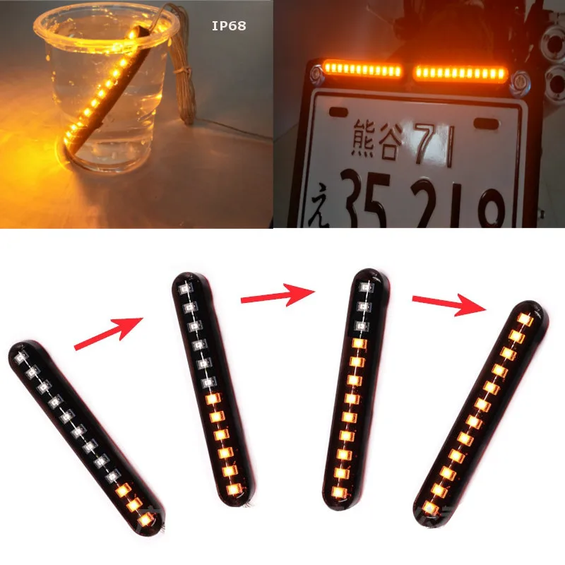 

12 LED Flowing Water Strobe Strips Light Motorcycle ATV UTV Tail Brake Stop License Number Plate Flash Warning Amber Rear Lamp