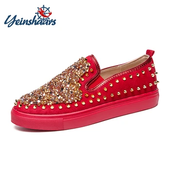 

YEINSHAARS Fashion Spiked Loafers Shoes Men Punk Superstar Round Toe Bling Sequins Wedding Shoes Male Slip On Rivets Men Shoes