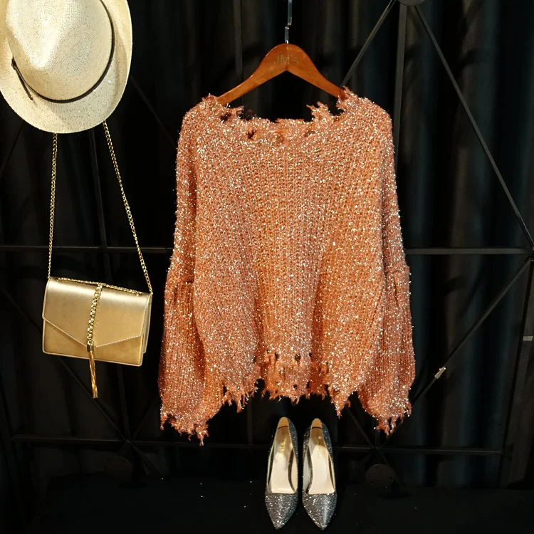 Hot gold lurex Knit Top Women Long Lantern Sleeve Big O-neck Holes Ripped Loose Embellish Sweater Jumper Pull Girl | Женская одежда