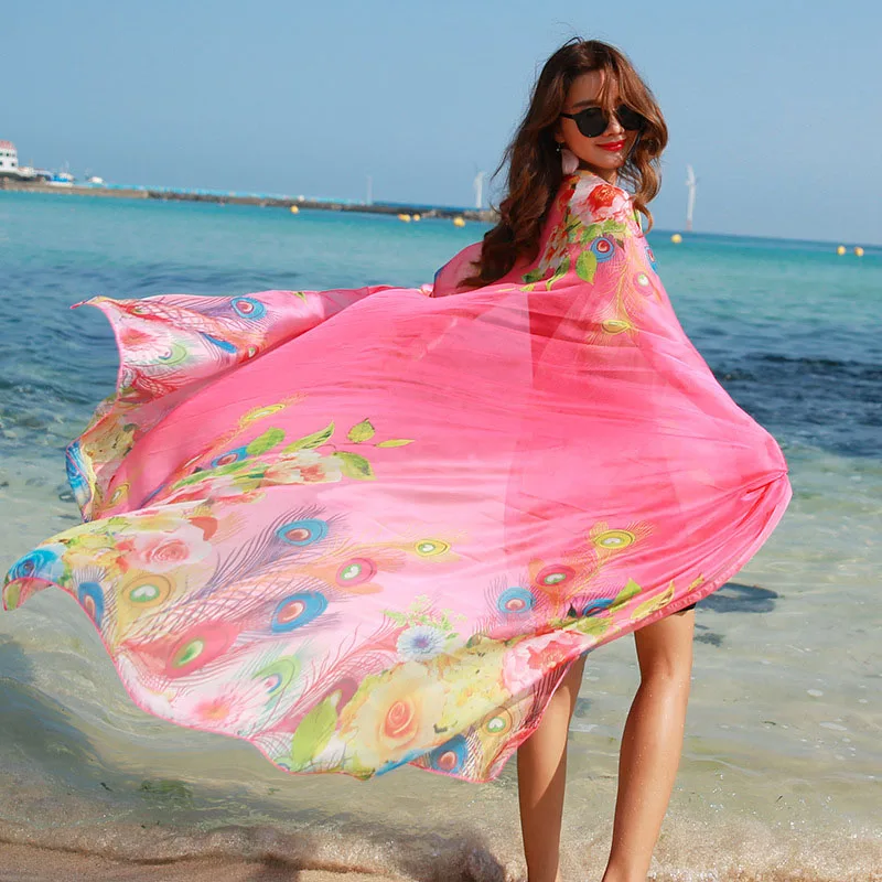 

Hot Selling Female Summer Silk Oversized Scarf Chiffon Women Seaside Beach Long Scarf Sunscreen Shawl