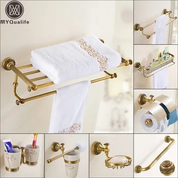 

Antique Brass Bathroom Hardware Set Wall Mounted Toothbrush Holder Paper Holder Towel Bar Bath Towel Shelf Wall Mount Handrails
