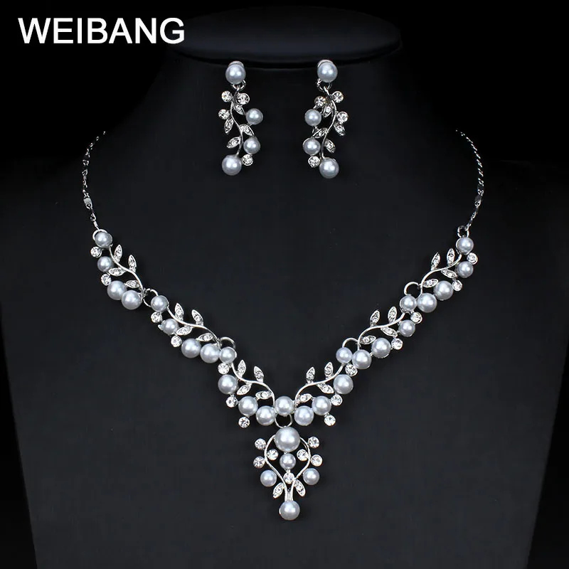 

weibang Silver Color Wedding Jewelry Set for Women Jewelry Imitation Pearl Necklace Earrings Gift dropshipping new2018
