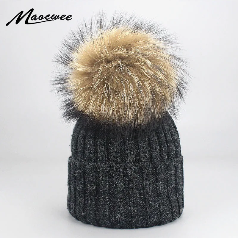 

Autumn Winter Women Beanies Hats Raccoon Fur Pom Pom Skullies Caps With Pompom Hat Knitted Cap Crochet Faux Rabbit Fur Hat 2019