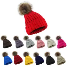 Winter Ribbed Knitted Hat Plain Woolen Cuffed Beanie Cap Thicken With Cute Fluffy Pompom Ball Beanie with Detachable Chunky