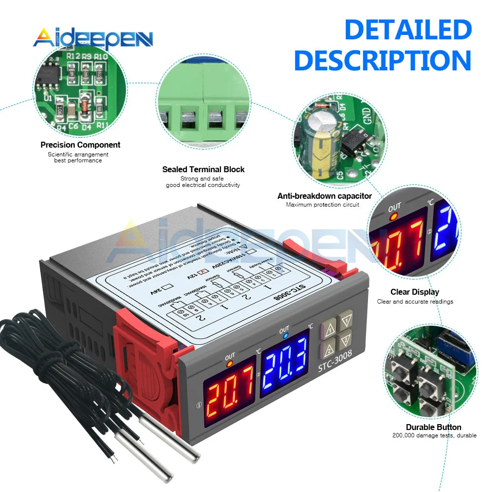 STC-3008 Led двойной дисплей двусторонний термостат DC 12 В красный и синий двойной зонд микро-контроллер температуры термометр