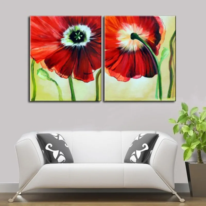 

Large 2 Piece Picture Handpainted Abstract Red Flower Oil Painting on Canvas Handmade Floral Paintings Home Decoration Wall Art