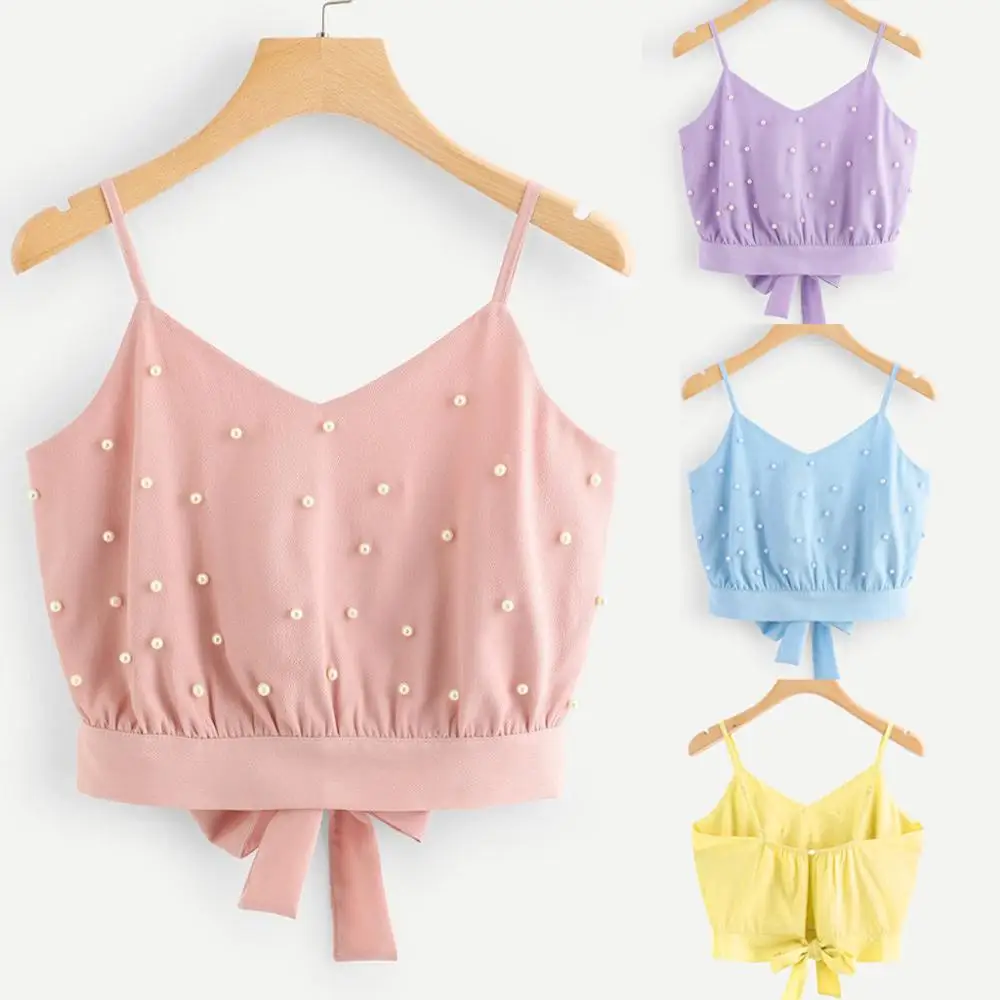 

2019 Chiffon Tank top Women Short Vest Camisole Sleeveless Tops Fashion Pearl Beading Camisole Black top mujer