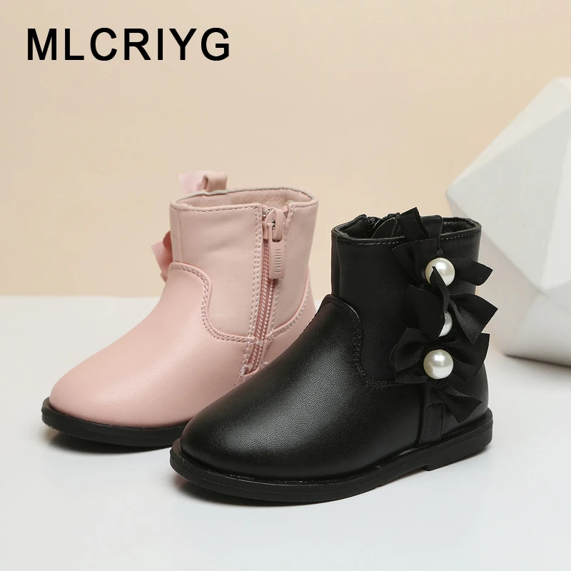 

Autumn 2019 New Toddler Bow Shoes Baby Girls Pu Leather Boots Children Pearl Ankle Boots Black Princess Shoes Brand Boots Sweet