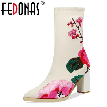 

FEDONAS 2020 Autumn Women Print Mid-calf Boots Sweet Party Prom Square High Heels Pointed Toe Shoes Woman New Short Socks Boots
