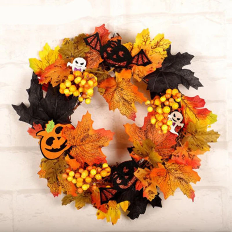 

Halloween Props Leaf Wreath Autumn Maple Pumpkin Berry Garland Front Door Home Wall Decoration