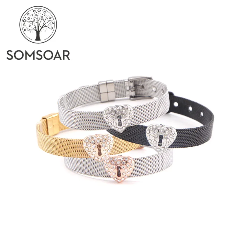 

Drop shipping Somsoar Jewelry Lock to your Heart Mesh Bracelet Set DIY Charm Stainless Steel Bangle for Mother's Day Best Gift