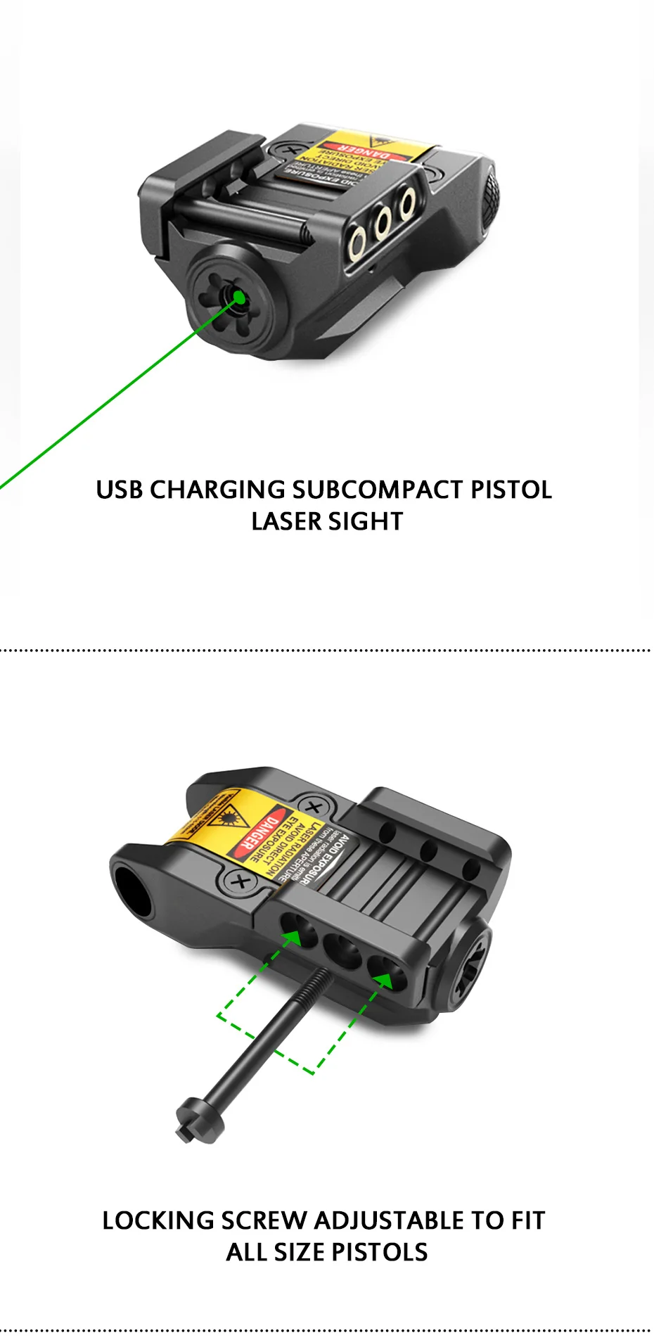 USB Перезаряжаемый зеленый лазерный прицел с постоянным импульсным выходом Пикатинни для полноразмерного компактного субкомпактного пистолета