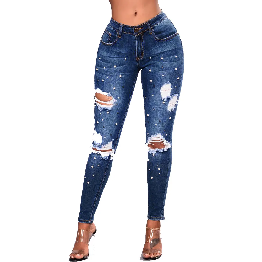 2019 New Dark Blue Jeans Pancil Pants Women High Waist Slim Hole Ripped