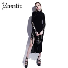 Rosetic Gothic Maxi Dress Cheongsam Black Mandarin Collar Women Party Prom Straight Dress Autumn Street Sexy Qipao Goth Dresses