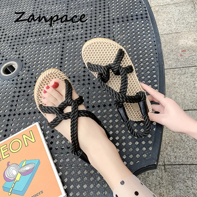 Handmade Women Sandals 2019 Gladiator Flat Heels Sandals Women Hemp Slip on Hemp Shoes Beach Sandals Cross-tied Flat Sandals