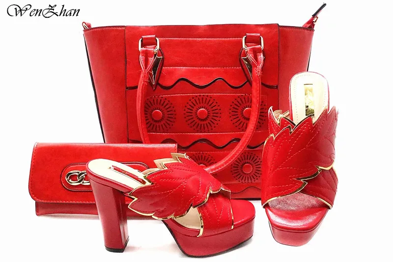 

Hot selling Red Color High Heel shoes and bag set for party Italian shoe with matching bag lady matching shoes WENZHAN E812-6