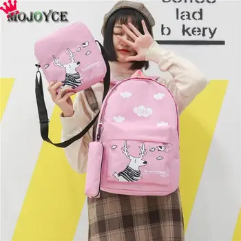 

3pcs/Set Cute Women Cartoon Backpacks Female Girls Big Capacity Canvas Composite Travel Shoulder Schoolbags Mochila Feminina