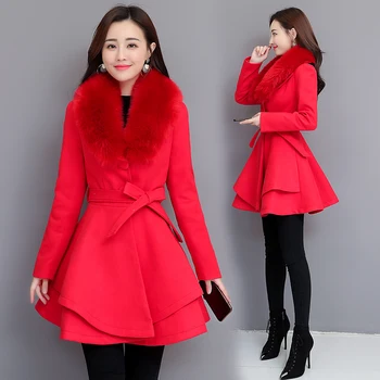 

Brieuces New 2019 Autumn Winter Wool Coat Women Long Elegant Wool Blend Coats Female Sweet Preppy Large Fur Coat Outwear