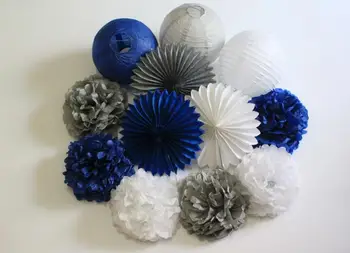 

12pcs Mixed Navy Blue, White, Grey Tissue Paper Flowers Pom Poms Paper Lanterns And Paper Fan for Navy Blue Themed Party Decor