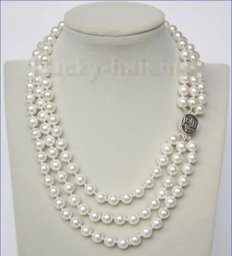 

Free shipping hot sale Women Bridal Wedding Jewelry >>16" 3row 8mm round white south sea shell pearls necklace 925 silver clasp