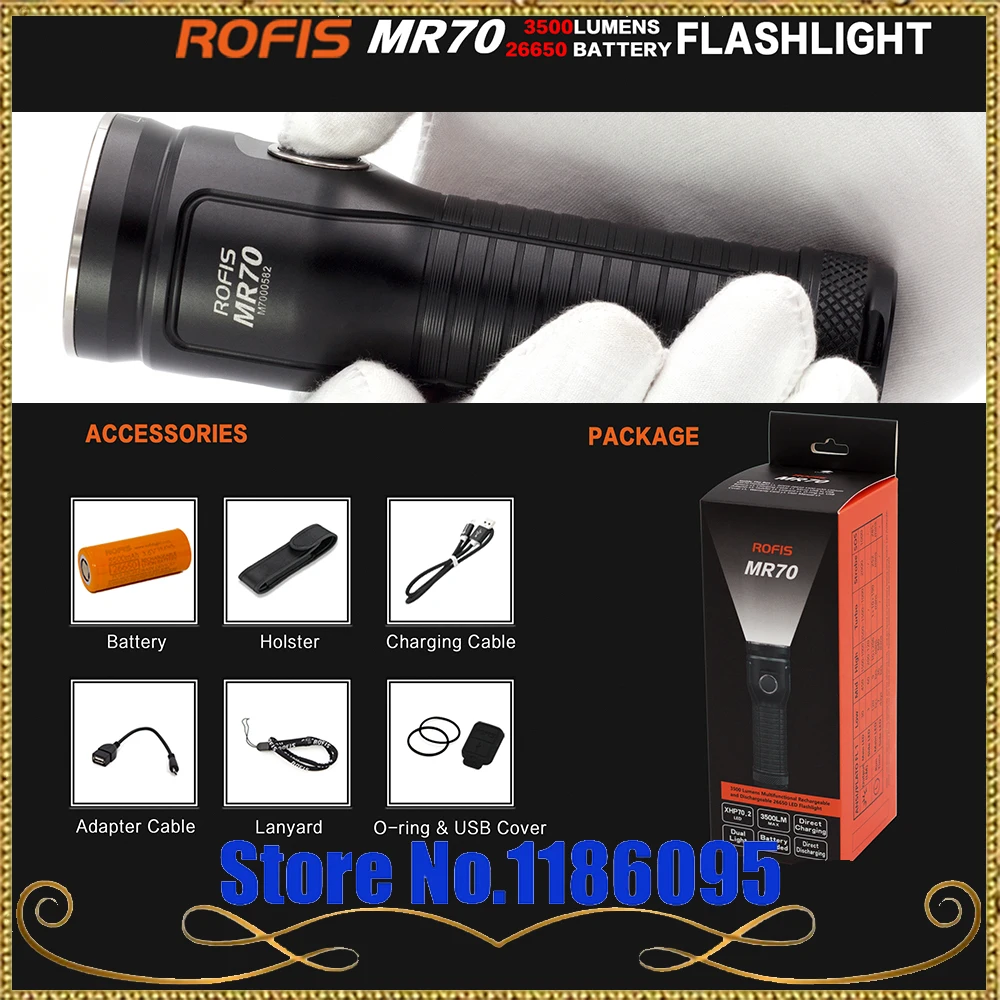  Rofis MR70 XHP70.2 CW / XP-G2 NW LED 3500lm Rechargeable Flashlight beam throw 248m outdoor torch + - 32848260540