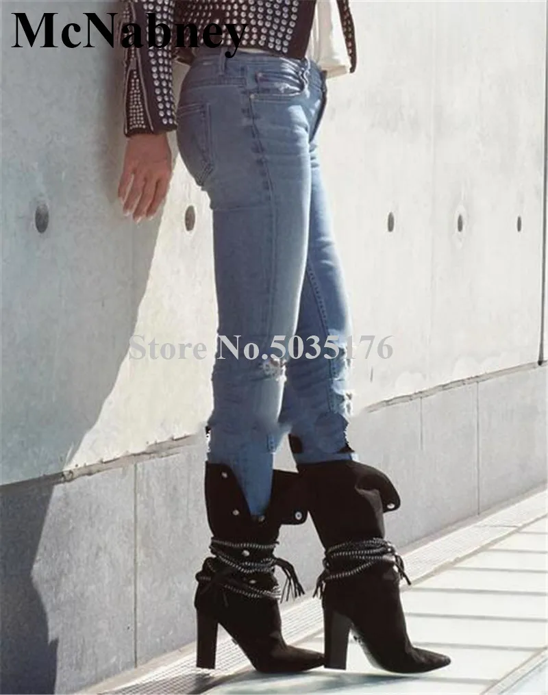 

2019 European Fashion Pointed Toe High Square Heel Lace-Up Fringe Mid-Calf Short Boots Cover Heel Spring/Autumn Women Shoes