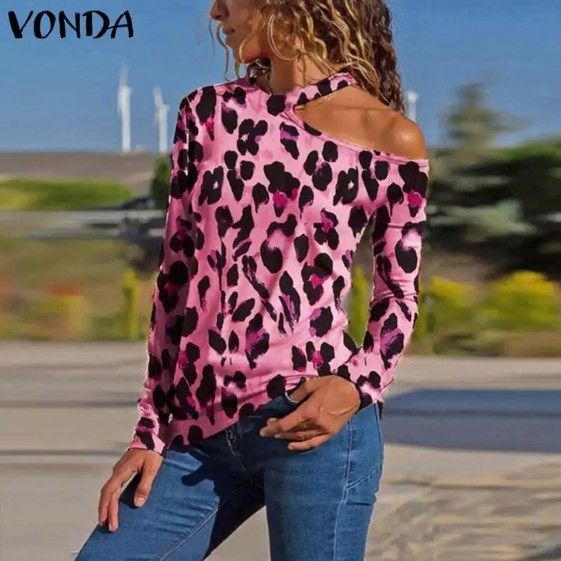 Leopard Printed Tops Women 2019 VONDA Sexy Oblique Collar Long Sleeve Loose Shirts Plus Size Beach 