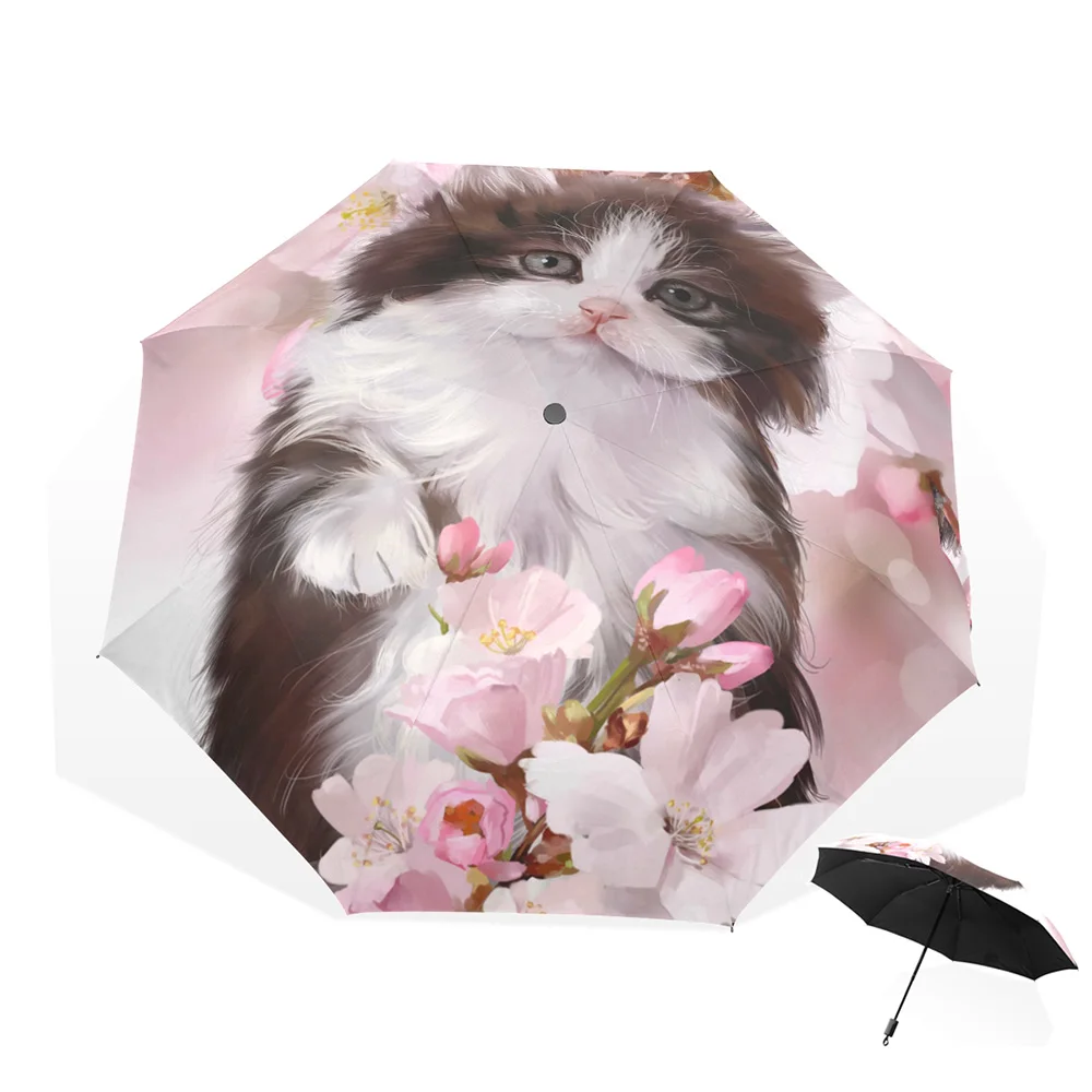 Cartoon Cat Non automatic Umbrella Rain Women Black Coating Sunny