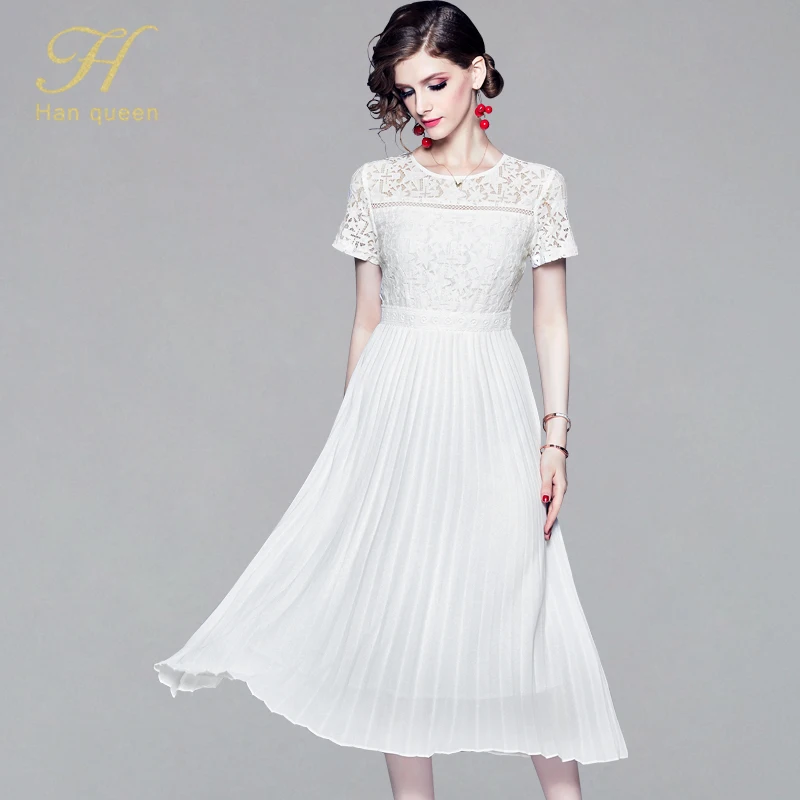 

H Han Queen Pleated Women Dresses Summer New Vintage Fashion Patchwork Slim A-line Lace Dress Sexy O-neck OL Work Casual Vestido
