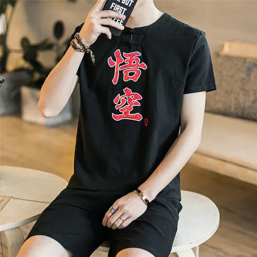

Loldeal Short-sleeved T-shirt Men's Large Size Chinese Men's Cotton Linen Printing Goku Men's Suit