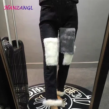 

HANZANGL Winter Color Block Decoration Of Luxury Rabbit Fur Patchwork Jeans Women Trousers Fashion Burr Pencil Pants Black