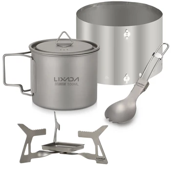 

Lixada Outdoor 4pcs Camping Titanium Cookware Set 550ml Water Cup Mug Folding Solidified Alcohol Stove Spork Spoon Windshield