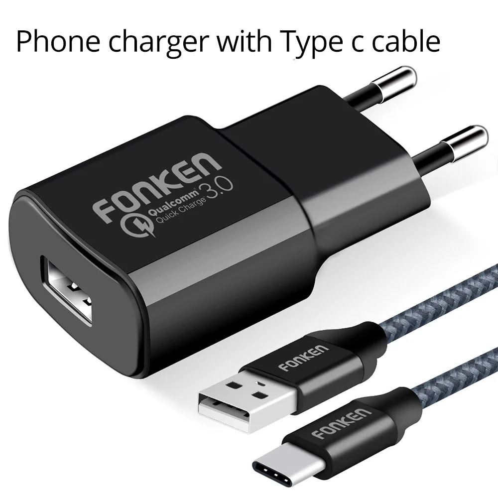 FONKEN Quick Charge 3,0 USB зарядное устройство Быстрая зарядка QC 3,0 2,0 18 Вт с быстрым зарядным кабелем настенный адаптер для мобильного телефона зарядное устройство s - Тип штекера: black with type c