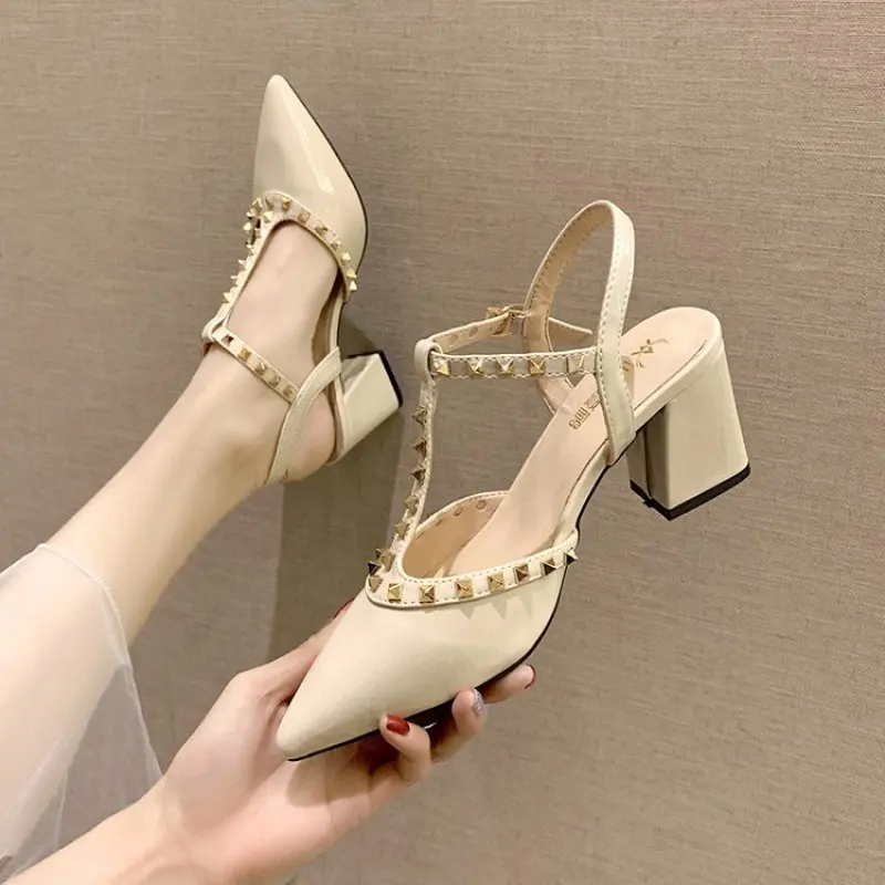 

Sexy Party T-Strap Pumps Sandals Woman Strange style rivet High Heels Shoes Pointed Toe Fashion Designer Buckle Women Sandals
