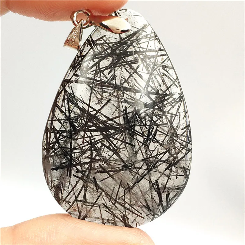 

Genuine Natural Black Hair Rutilated Quartz Necklace Pendant Woman Man Gift Water Drop Stone 41x28x9mm Luxury Jewelry Pendant