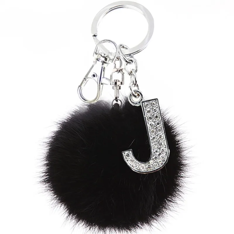 5 стилей Пушистый черный помпон искусственный мех кролика мяч брелок буквы с кристаллами брелок для ключей Модный Ювелирный мешок украшения подарок