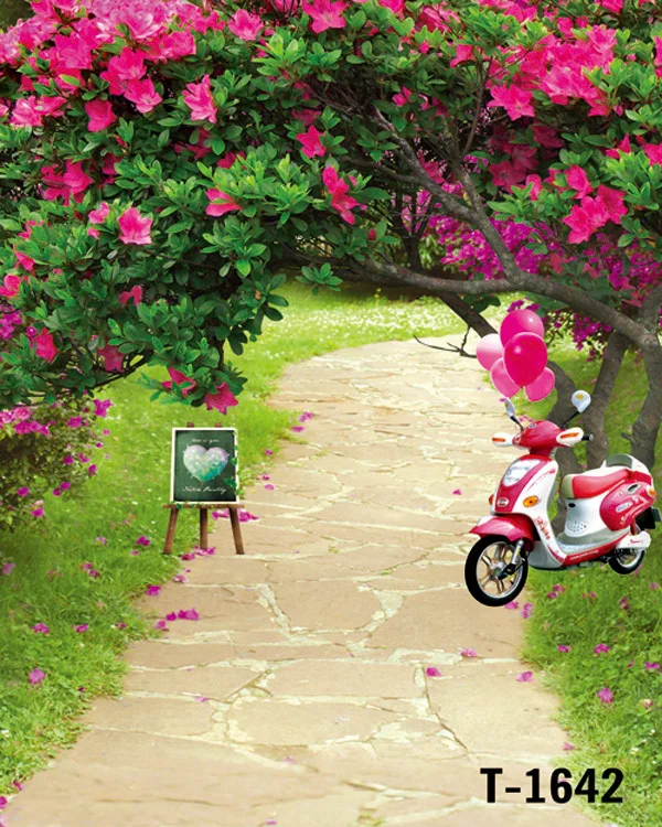 

new arrived hot sale 8*12ft vinyl photography photo studio photographic backdrops forest red flowers tree Motorcycle t-1642
