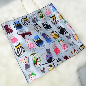 

Cartoon Cats Printed Bandana Hijab Shawl 100% Satin Silk Scarf Square Silk Scarf Women 90*90 Hand Rolled Luxury Scarves & Wraps