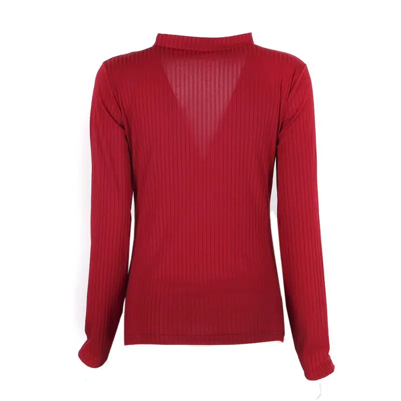 Сексуальный женский элегантный вязаный свитер с бретелькой через шею, облегающий вязаный свитер с длинным рукавом и v-образным вырезом, женские свитера и пуловеры - Цвет: Red Wine