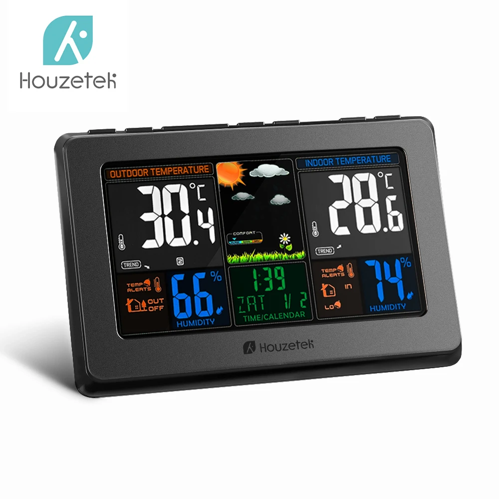 

Houzetek Wireless Weather Station Indoor Outdoor Temperature Humidity Sensor Colorful LCD Weather Forecast Clock Hygrometer