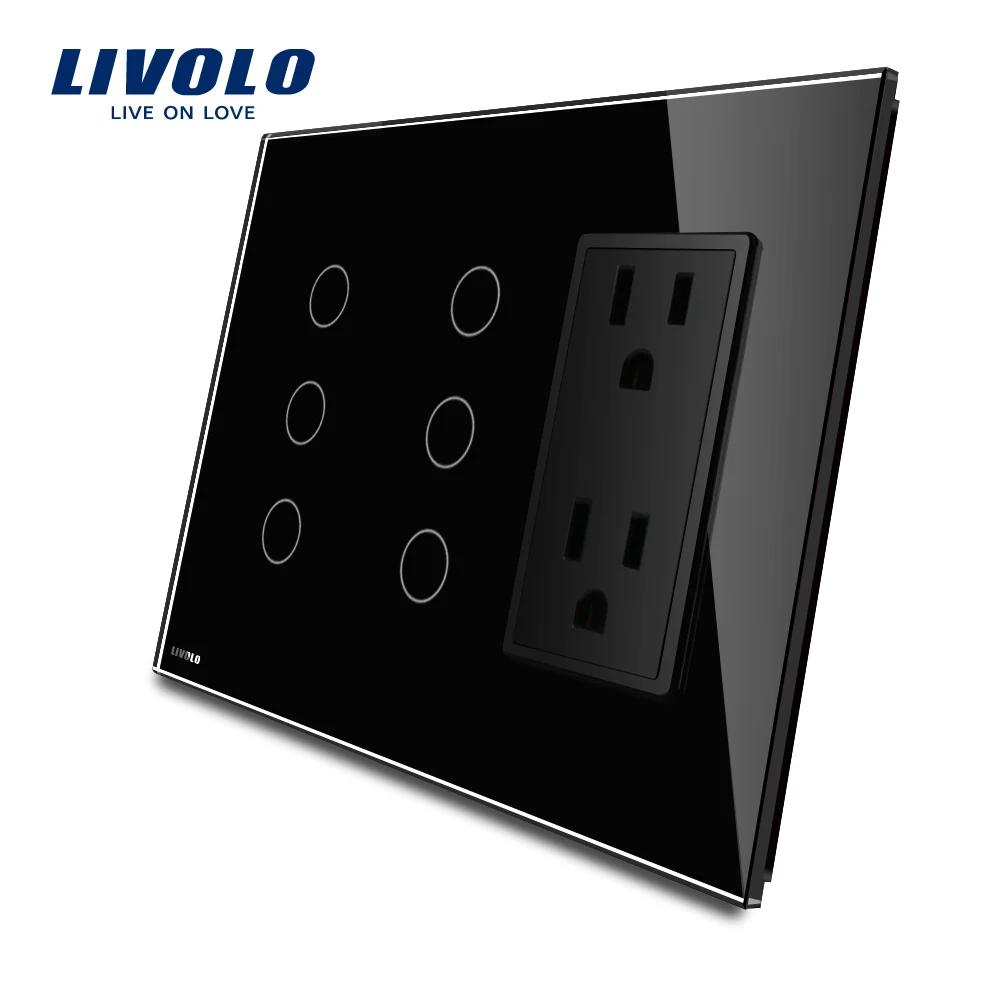 Livolo US standard Vertical, 3Gang+3Gang +US Socket(15A) , Luxury Black Crystal Glass, VL-C503-12/C503-12/C5C2US-12