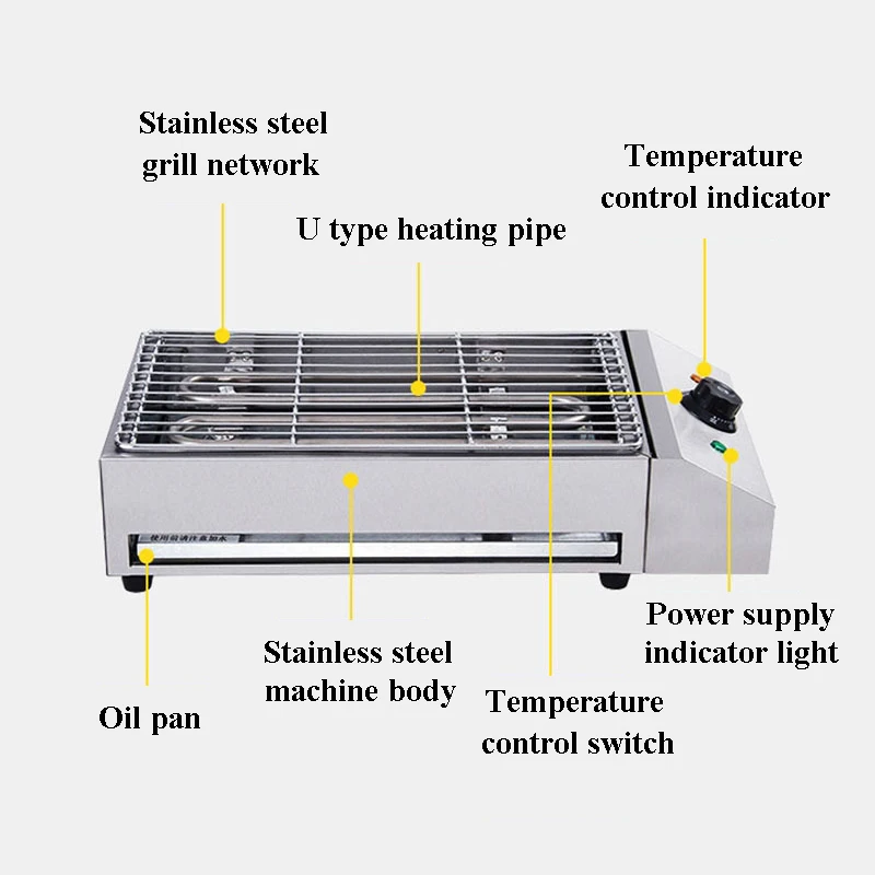 Grelha elétrica de mesa para churrasco sem fumaça, máquina de ostra, glúten, cremalheira elétrica