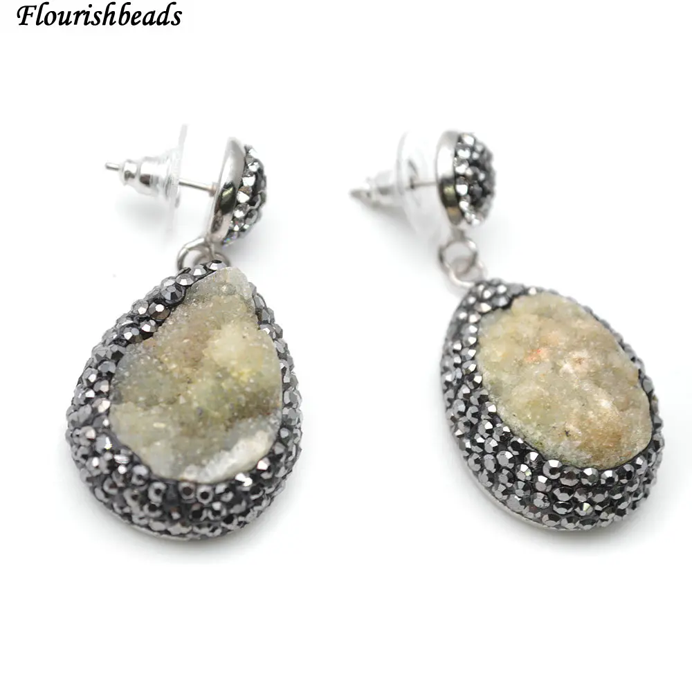 

Paved Black Crystal Beads Gray Druzy Drop Shape Stone Dangle Earrings Fashion Woman Party Jewelry
